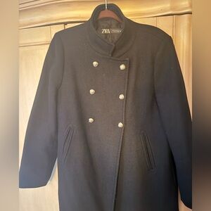 Zara Black Double-Breasted Coat with Gold Buttons